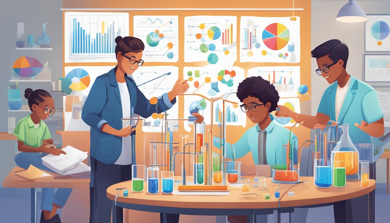 A group of young scientists engaged in hands-on experiments, surrounded by colorful charts and diagrams, while a knowledgeable tutor guides them through innovative learning strategies