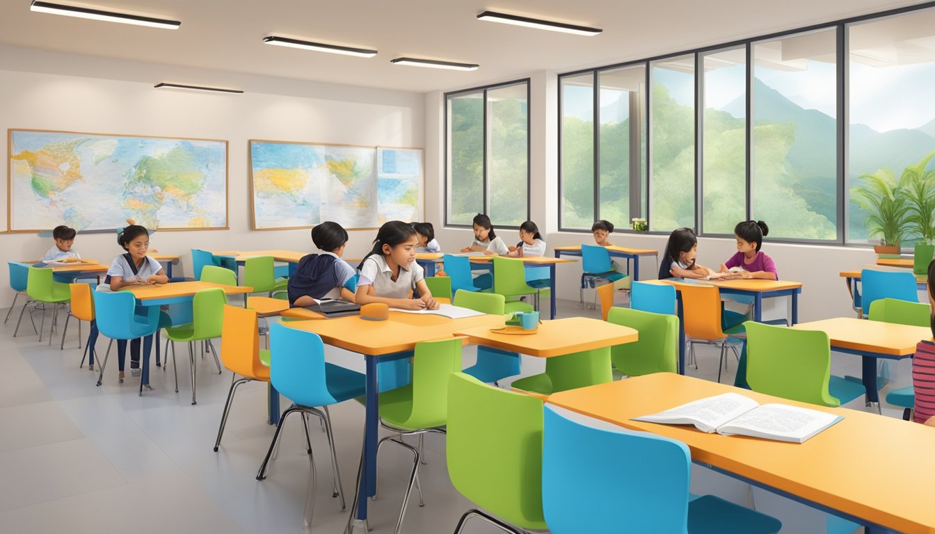 The Orion Tuition Centre buzzes with activity as students engage in focused learning. Brightly colored educational materials line the walls, and the sound of pens scratching on paper fills the air