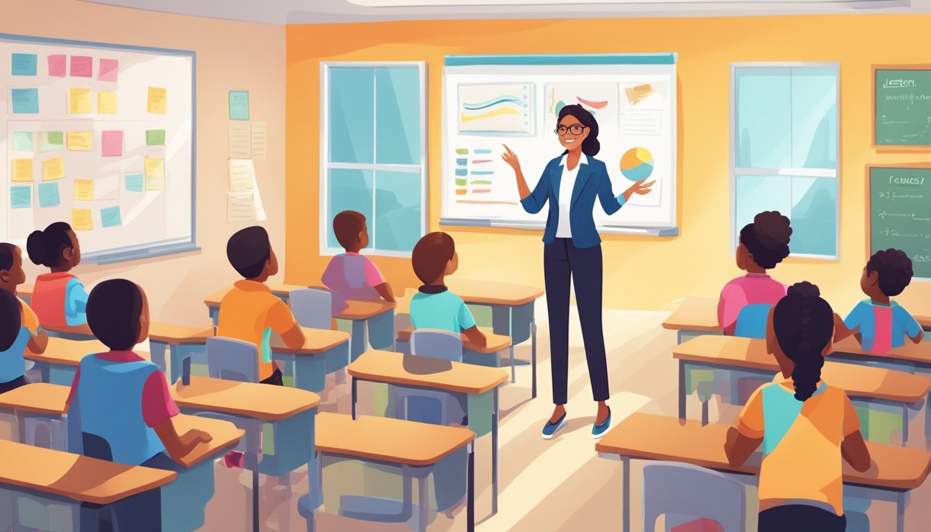 A bright, modern classroom with colorful educational posters on the walls. A friendly and engaging teacher stands at the front of the room, leading a group of students in a lively discussion