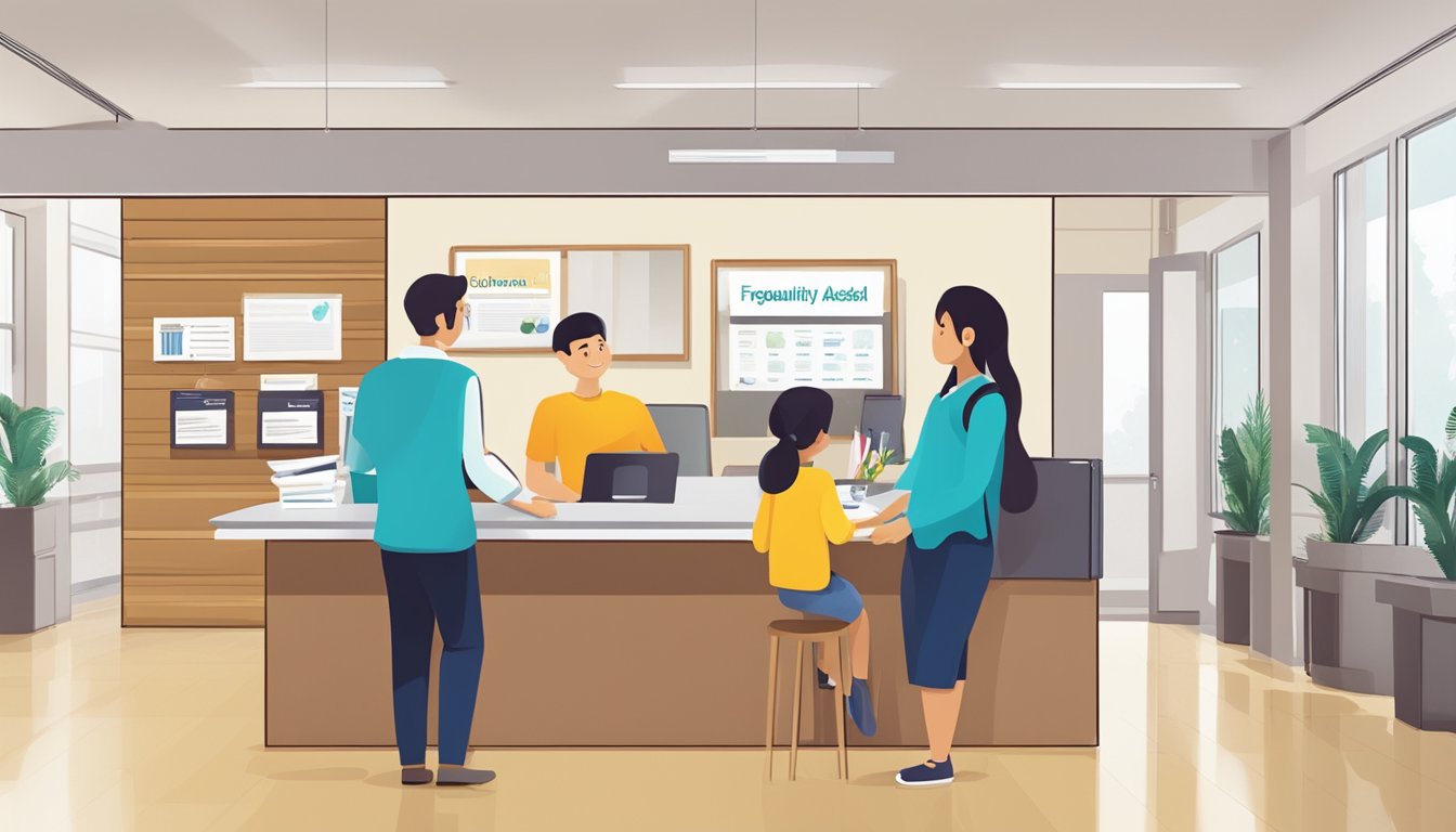 A bright, welcoming front desk with a sign for "Frequently Asked Questions" at Orion Tuition Centre. A friendly staff member assists a parent and child
