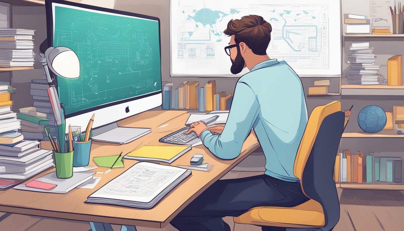 A student sits at a desk with a computer, surrounded by textbooks and notes, while a tutor explains coding concepts on a whiteboard