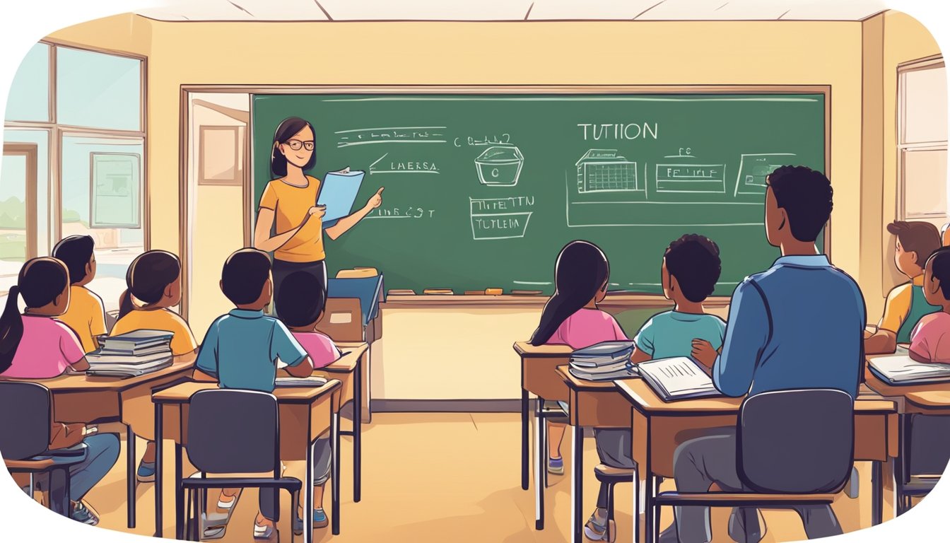 A colorful classroom with books, a chalkboard, and a teacher at the front. A group of students engaged in learning, with the words "Tuition Advertisement" displayed prominently