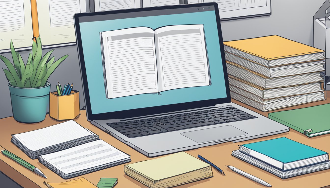 A computer science textbook lies open on a desk, surrounded by a laptop, coding notes, and a stack of reference books