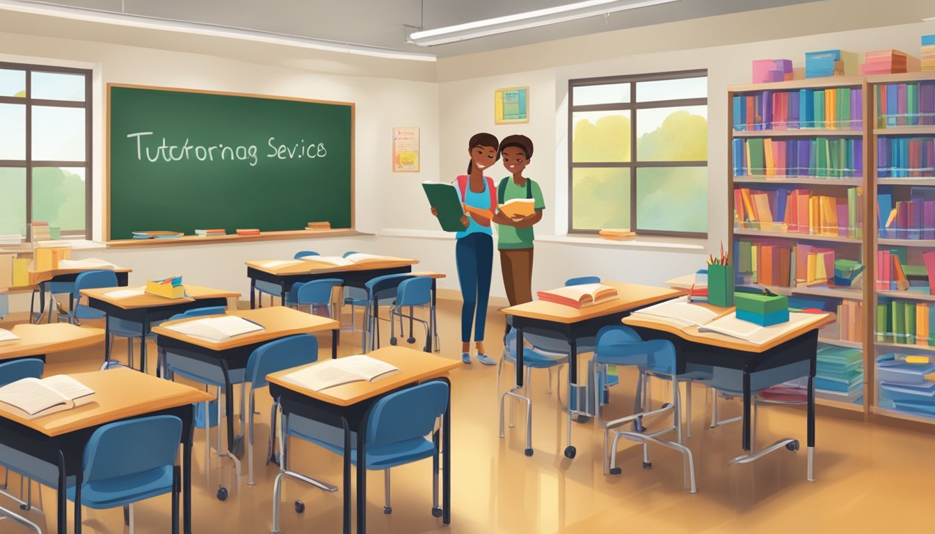 A bright, inviting classroom setting with a tutor and student engaged in learning. Books, pencils, and a chalkboard with the words "Tutoring Services" displayed prominently