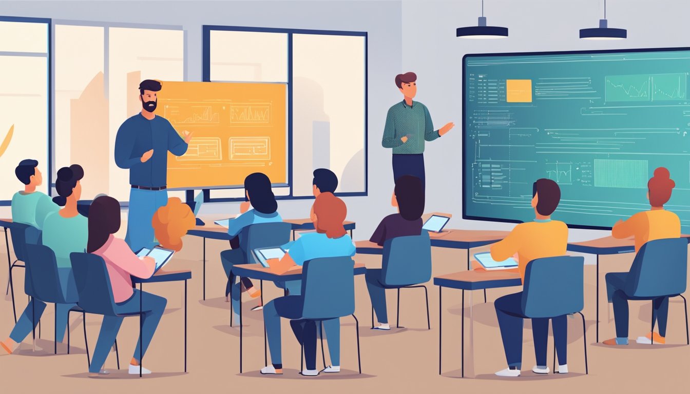 A computer science tutor answers questions in a classroom setting. Screens display coding examples and diagrams. Students listen attentively