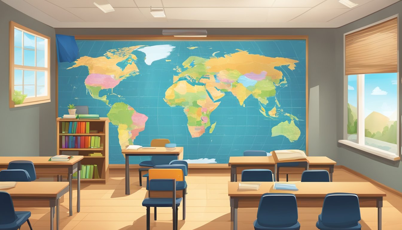 English Tuition Teacher Singapore: Boost Your Child's Grades Today A classroom with a whiteboard, desks, and chairs. A bookshelf filled with English textbooks. A globe and a world map on the wall
