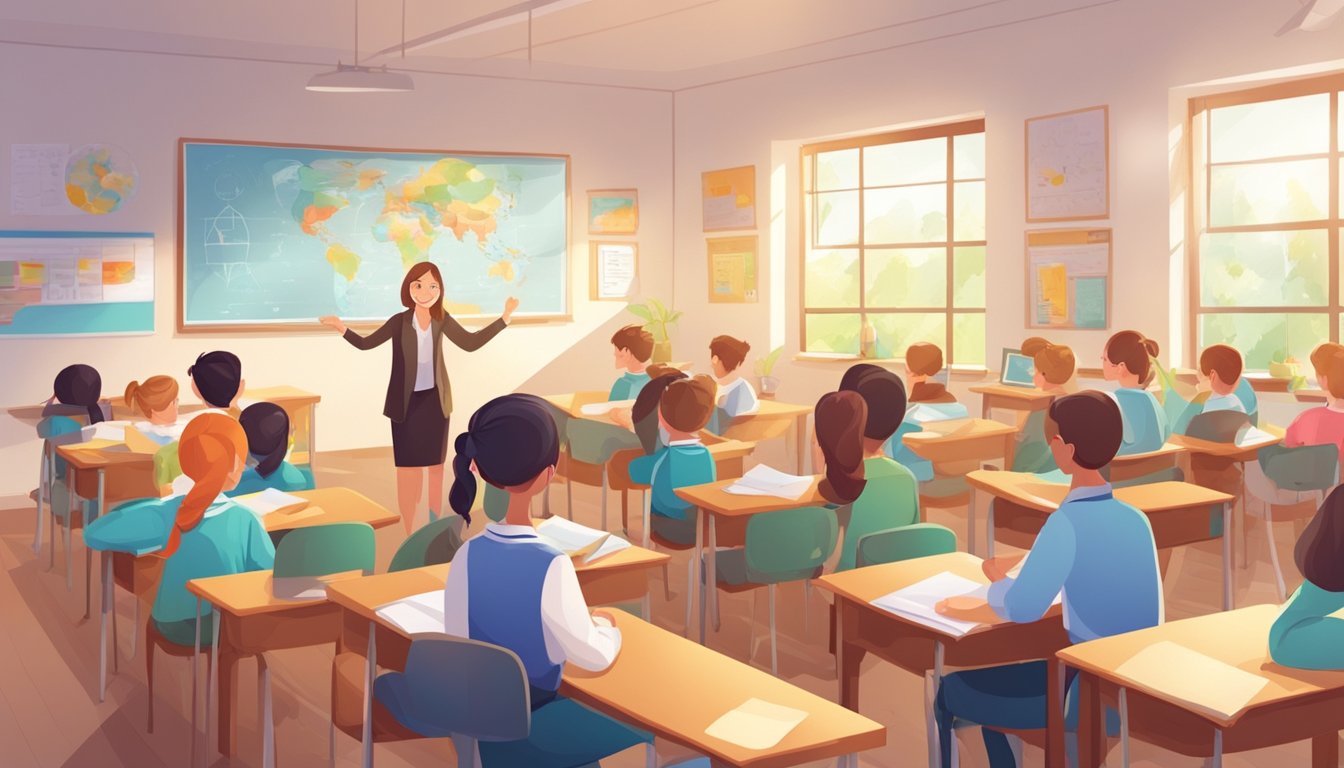 English Tuition Teacher Singapore: Boost Your Child's Grades Today A bright classroom with a teacher and students engaged in interactive English tuition activities