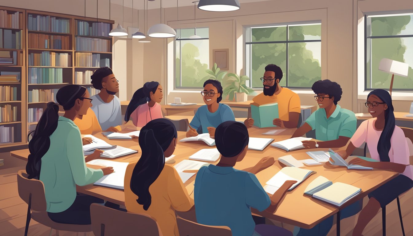 A group of students sit around a large table, notebooks and textbooks open as they engage in a lively discussion with their tutor