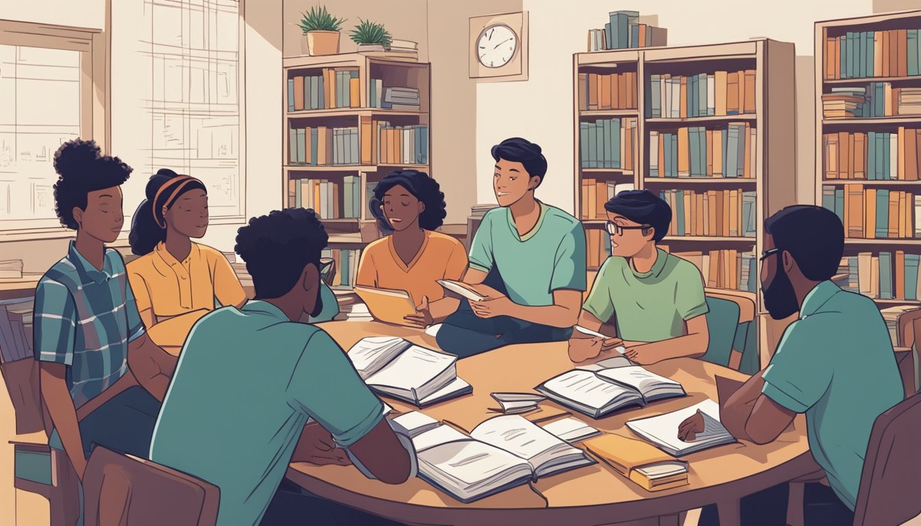 A group of students sit around a table, engaged in lively discussion with their tutor. Books and notebooks are scattered across the table, as the tutor explains a concept with enthusiasm