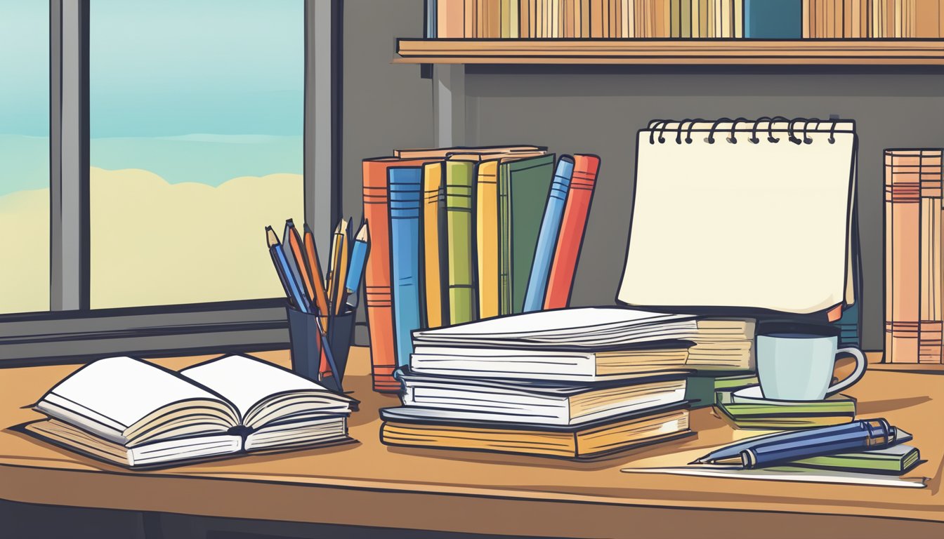 A stack of books and a pen on a desk, with a blank notebook open and a calendar showing today