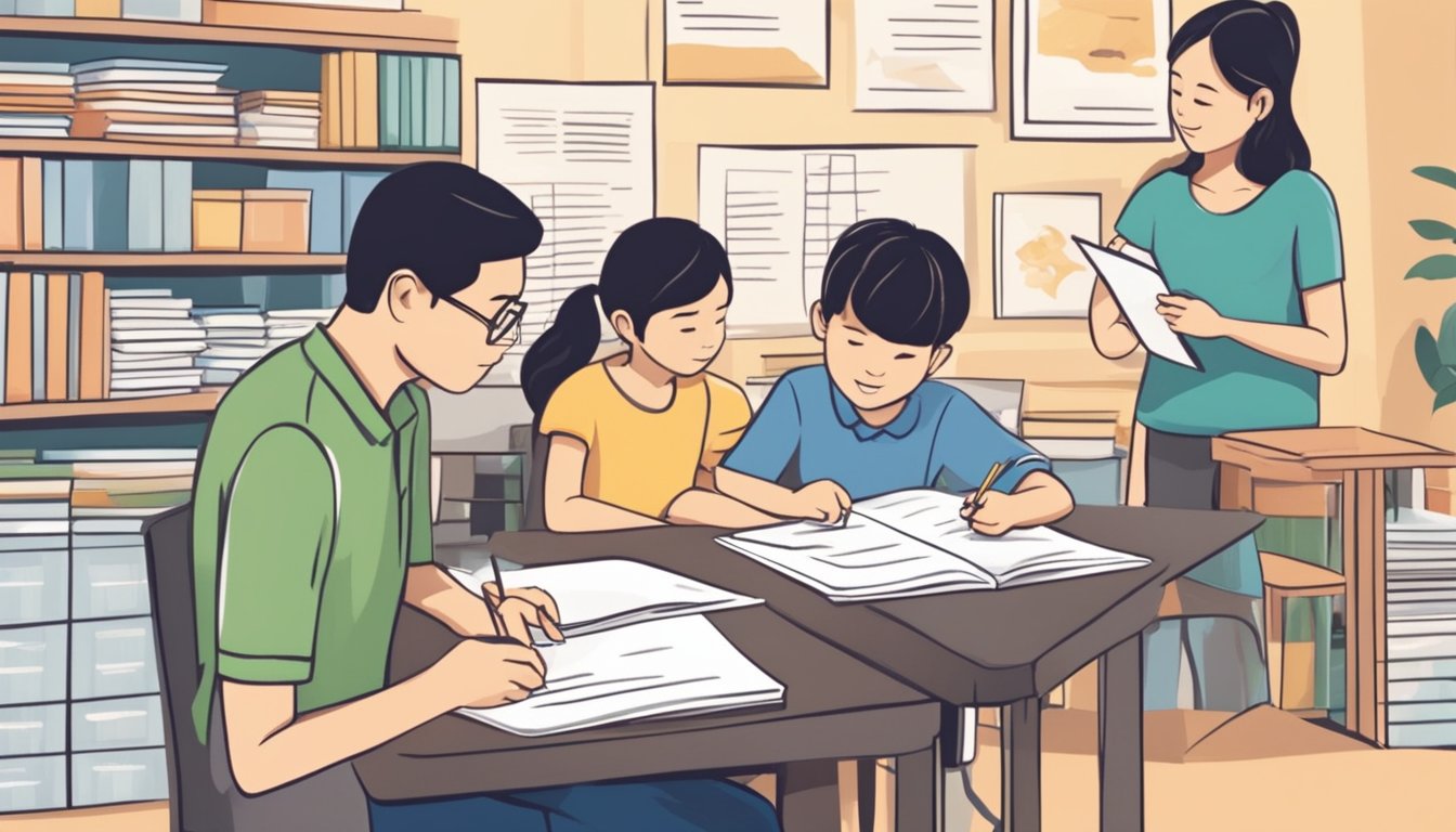 A parent and child review a list of group tuition rates in Singapore, comparing options and discussing the best fit for the child