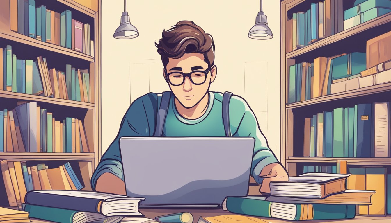 A student eagerly opens a laptop, searching for immediate tuition assignments. Books and notes surround them, showing their dedication to learning