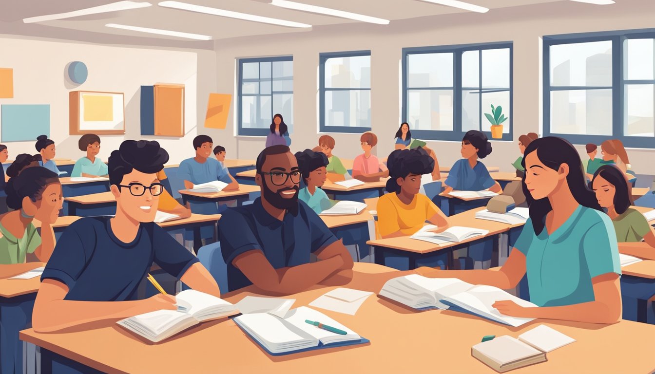 A group of students sit in a classroom, surrounded by textbooks and notebooks. A teacher stands at the front, answering questions and leading discussions