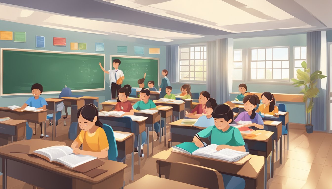 A bustling education tuition center with students studying and teachers instructing in various classrooms