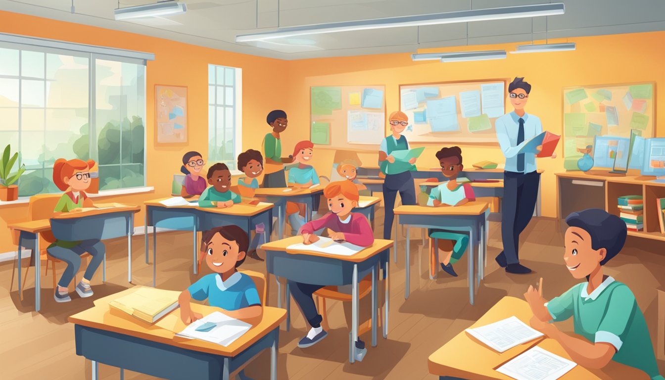 A busy classroom with students and a teacher engaged in interactive learning activities