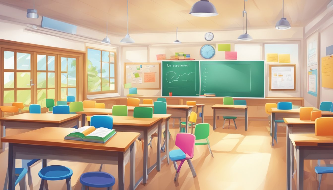 A bright classroom with colorful educational materials and a whiteboard displaying "Our Programmes and Curriculum" at a tuition centre