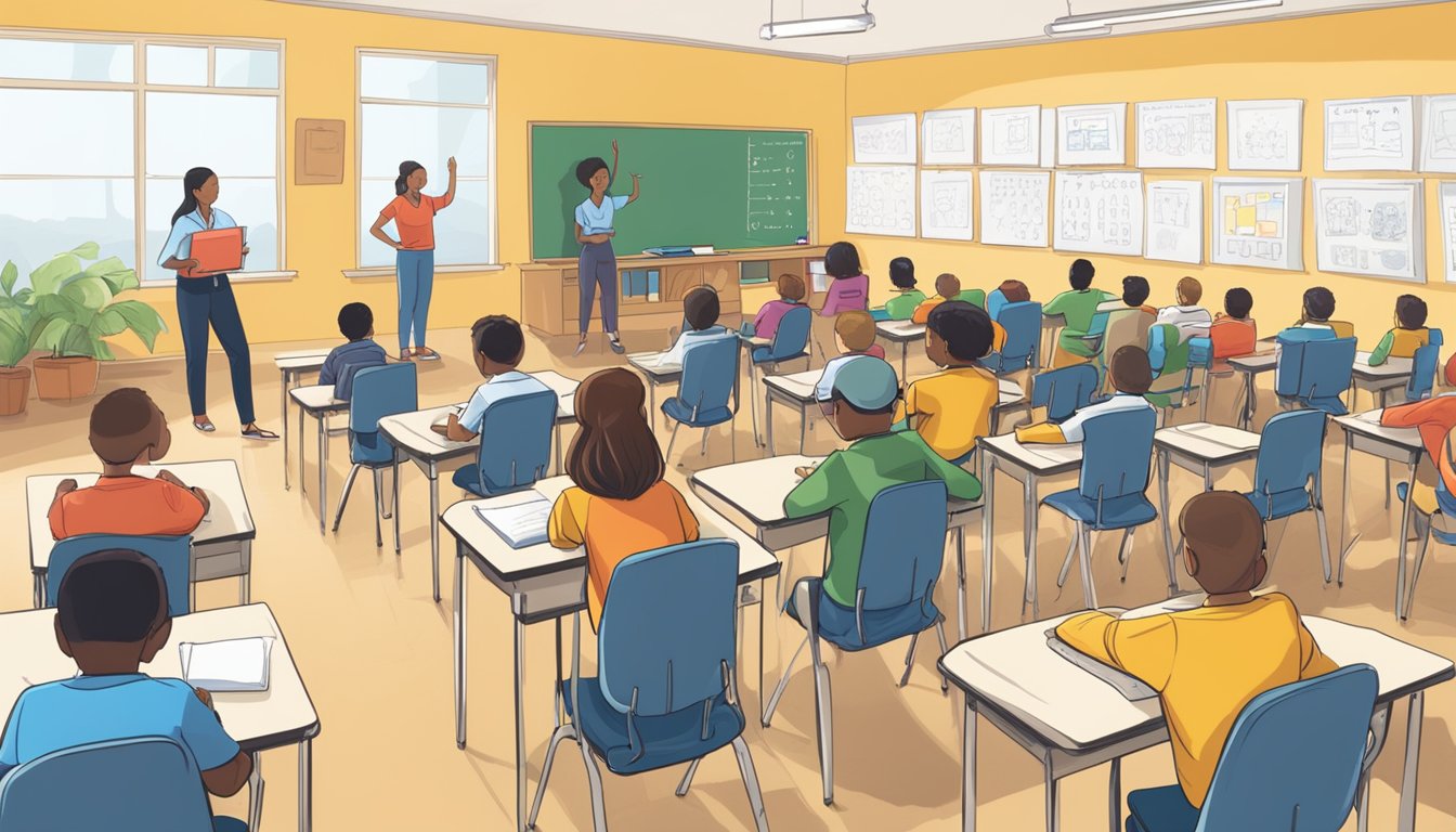 A classroom filled with desks and chairs, a whiteboard at the front, with the number "88" written on it. A teacher stands at the front, instructing students