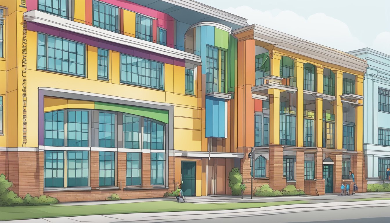A colorful school building with a sign reading "Comprehensive Curriculum and Subjects Offered" and "88 tuition" displayed prominently