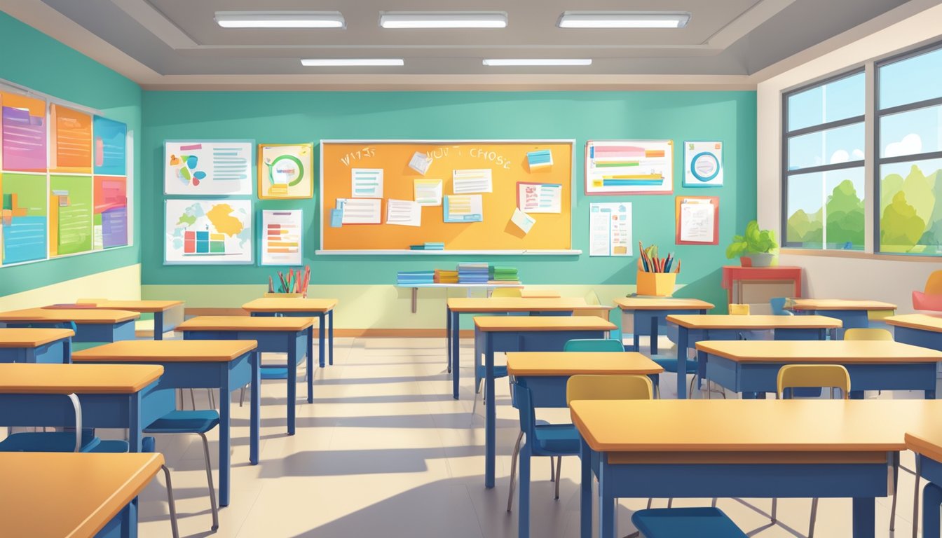 A brightly lit classroom with colorful educational posters on the walls. A whiteboard displays the words "Why Choose Just Education?" in bold letters