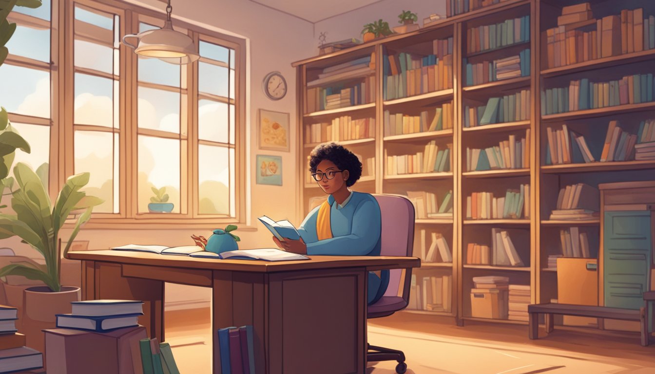 Ammiel eagerly learning in a bright, cozy room with books, a desk, and a teacher guiding the lesson