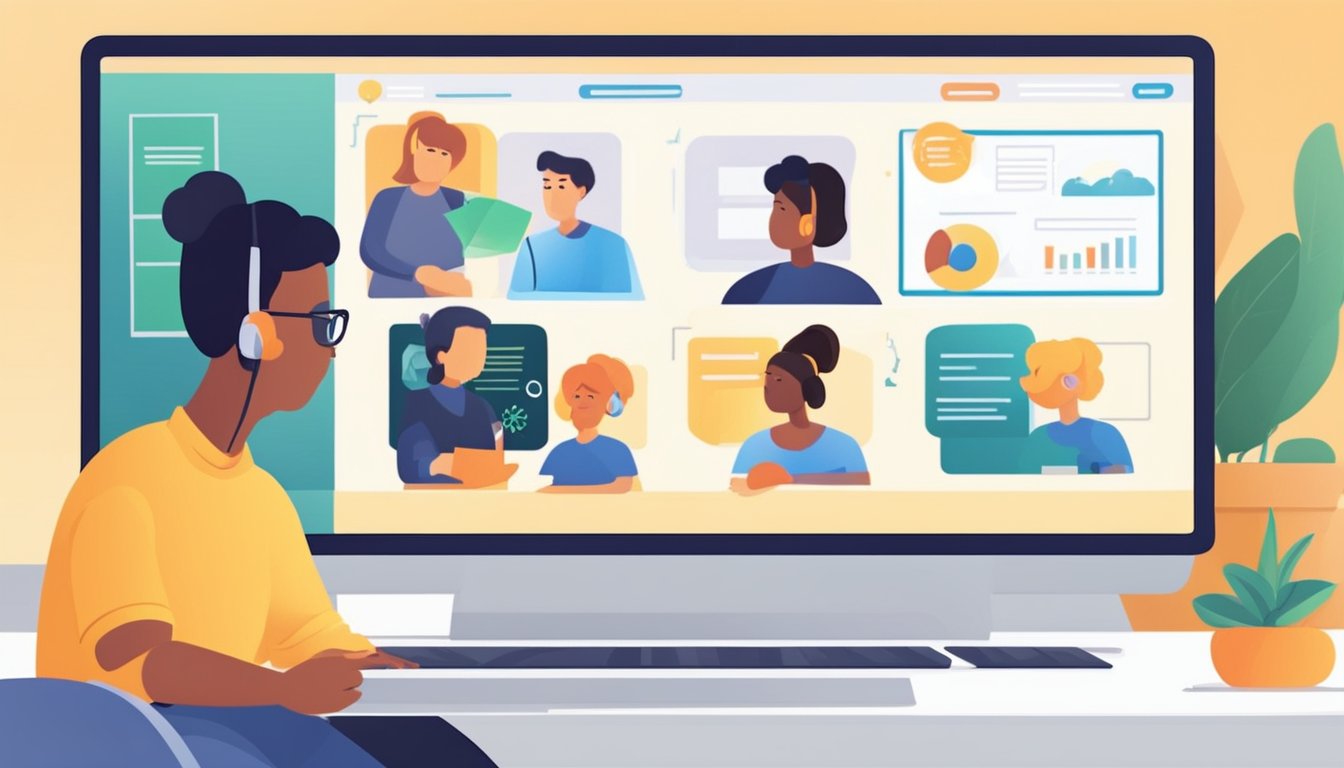 Students engage with virtual lessons, quizzes, and discussions on a computer screen. A tutor provides guidance and feedback in real-time