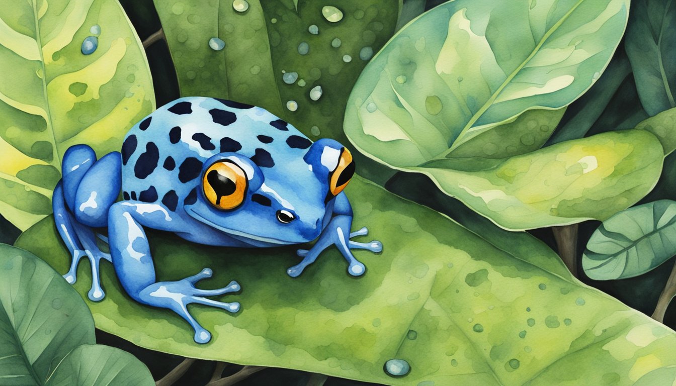 A poison dart frog lays eggs on a leaf in a tropical rainforest.</p><p>The male frog watches over the eggs until they hatch, then carries the tadpoles to water