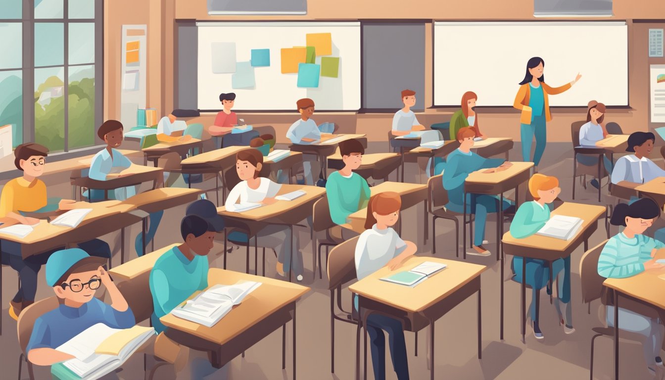 A busy education tuition centre with a sign reading "Frequently Asked Questions" and students studying at desks