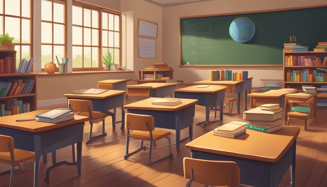A grader tuition: A small classroom with desks, a chalkboard, and a teacher
