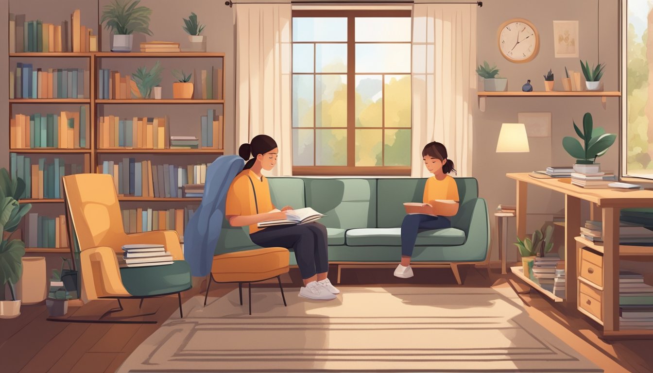 A cozy living room with a tutor and a student, surrounded by educational materials and adaptive equipment for special needs learning