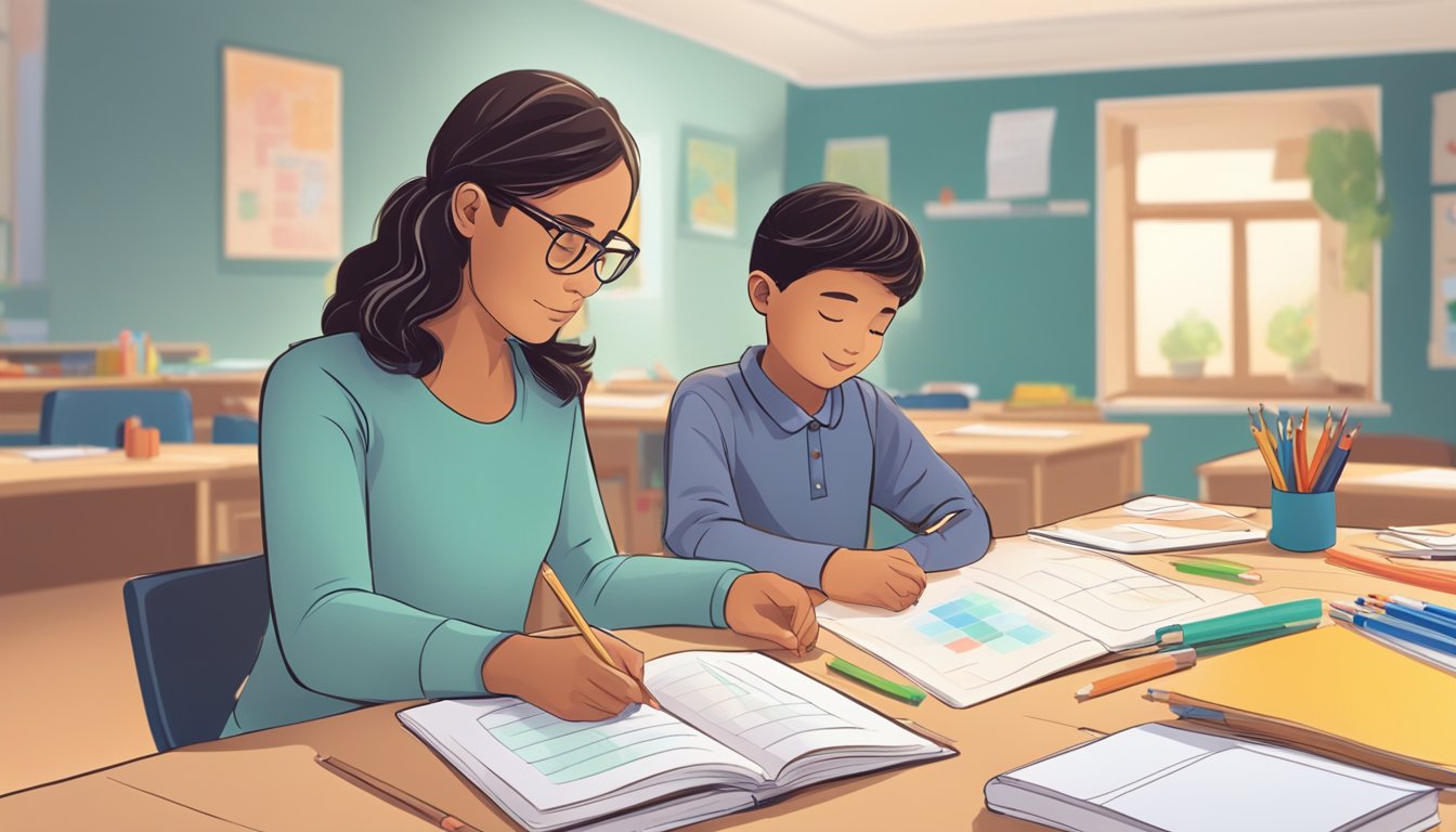 A tutor sits at a table with a student, using visual aids and manipulatives to teach. The room is quiet and calm, providing a comfortable and supportive environment for learning