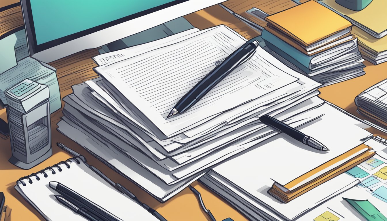 A stack of paper with "Frequently Asked Questions" printed on top, surrounded by a computer, pen, and notebook