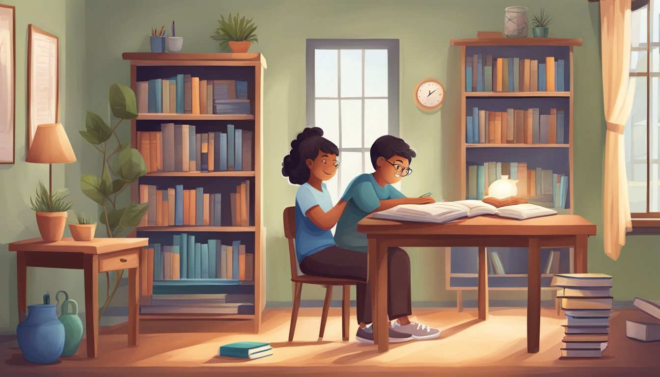 A cozy home setting with books, a table, and a teacher