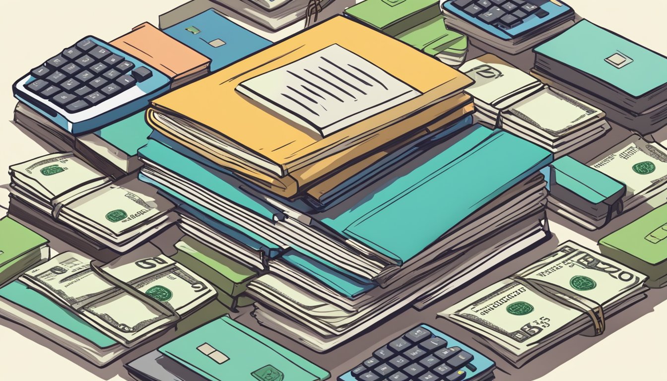 A stack of bills with "Minerva Schools Tuition" printed on them, surrounded by worried faces and calculators