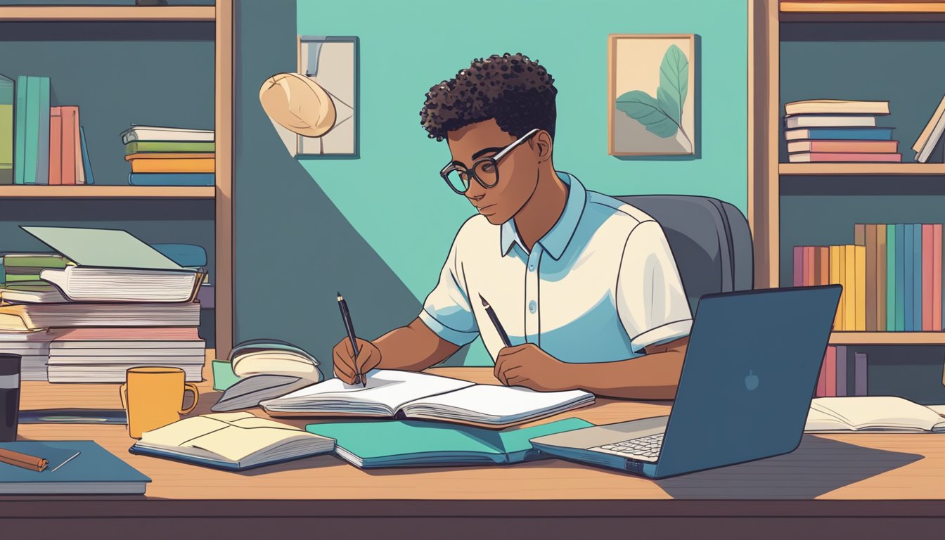 A student sitting at a desk, surrounded by textbooks and a laptop, with a pen in hand, studying for a mica tuition exam