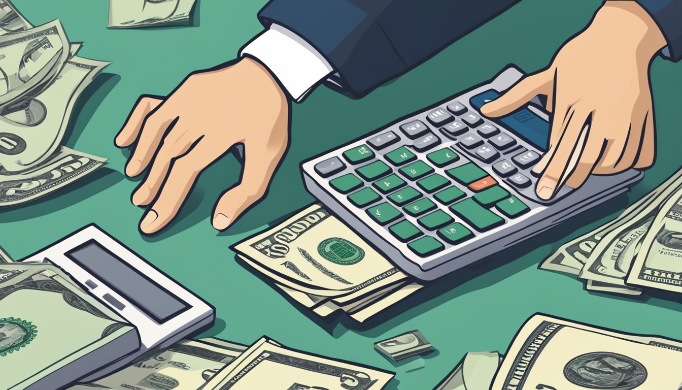 A stack of dollar bills next to a calculator and a college tuition bill. A hand reaching for the calculator, symbolizing the struggle to afford tuition