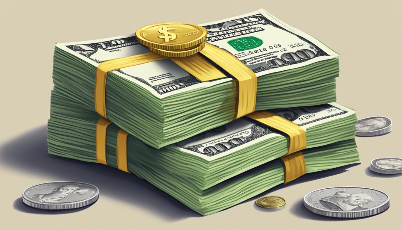 A stack of dollar bills and coins with a price tag labeled "MICA Tuition and Fees" in bold letters