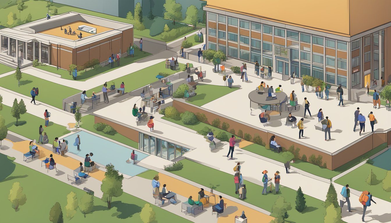 A bustling campus with students studying, socializing, and utilizing resources like libraries and student centers. Signs displaying MICA tuition information