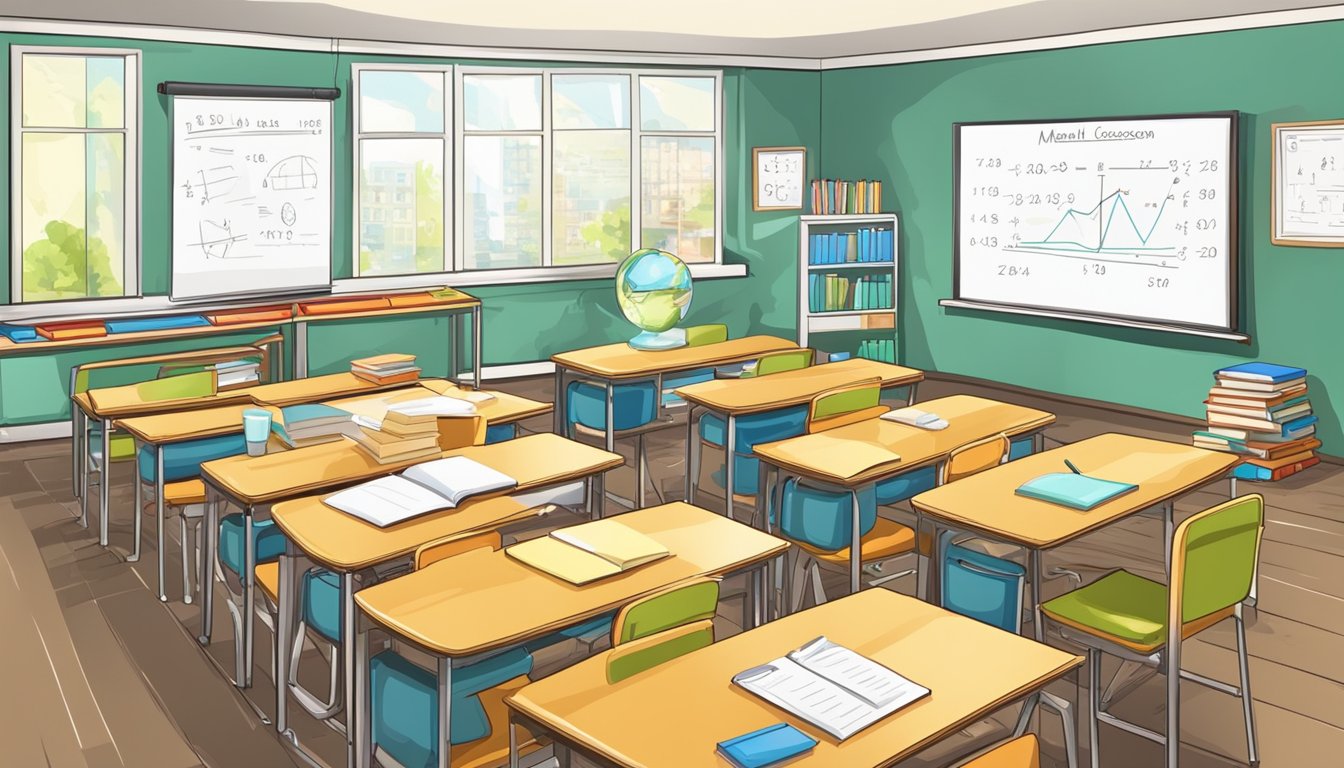 A bright classroom with a whiteboard and math equations. Books and pencils on desks. A patient tutor explaining concepts