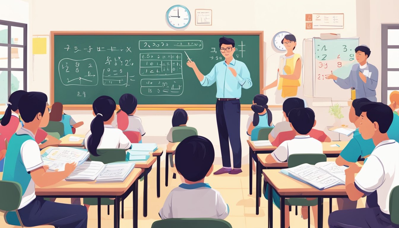 A bright classroom in Yishun, filled with colorful math materials and eager students. A tutor stands at the front, explaining complex equations on a whiteboard