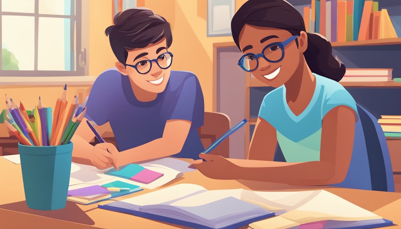 A teacher sits at a table with a young student, pointing to a textbook. Brightly colored educational materials are scattered around the room