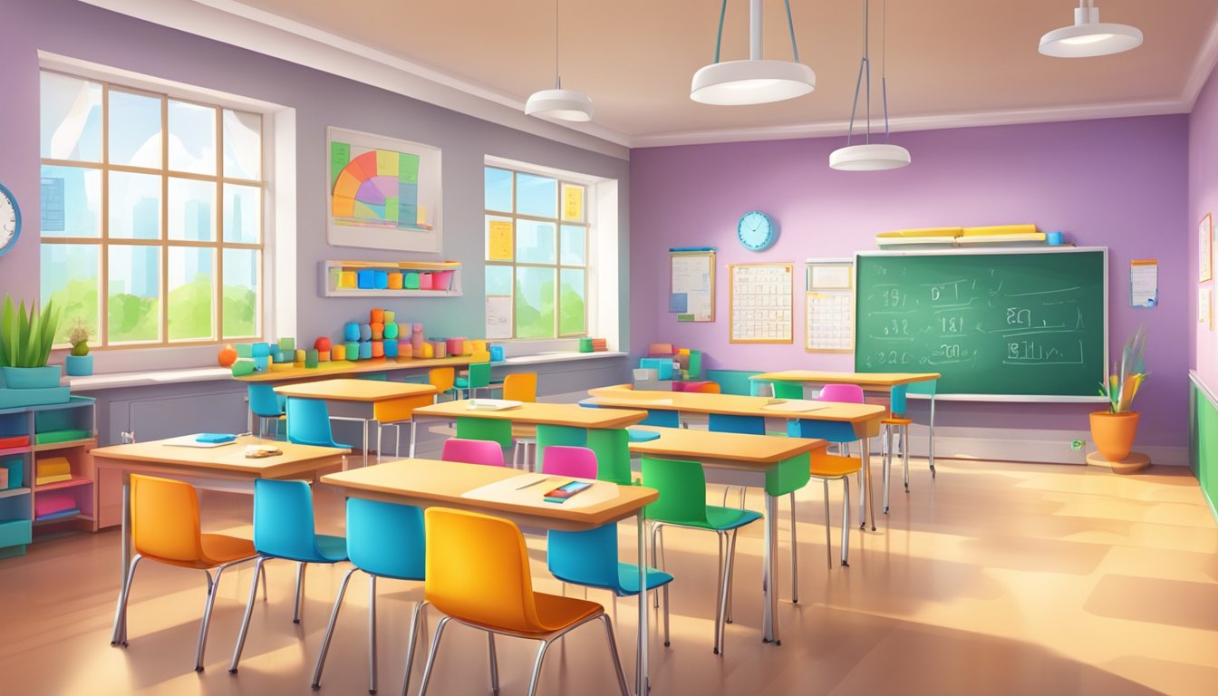 A bright classroom with colorful math resources and interactive whiteboard, creating a stimulating environment for learning