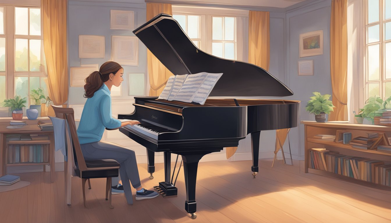 A cozy room with a grand piano, sheet music, and a music stand. A teacher and student sit side by side, focused on the keys