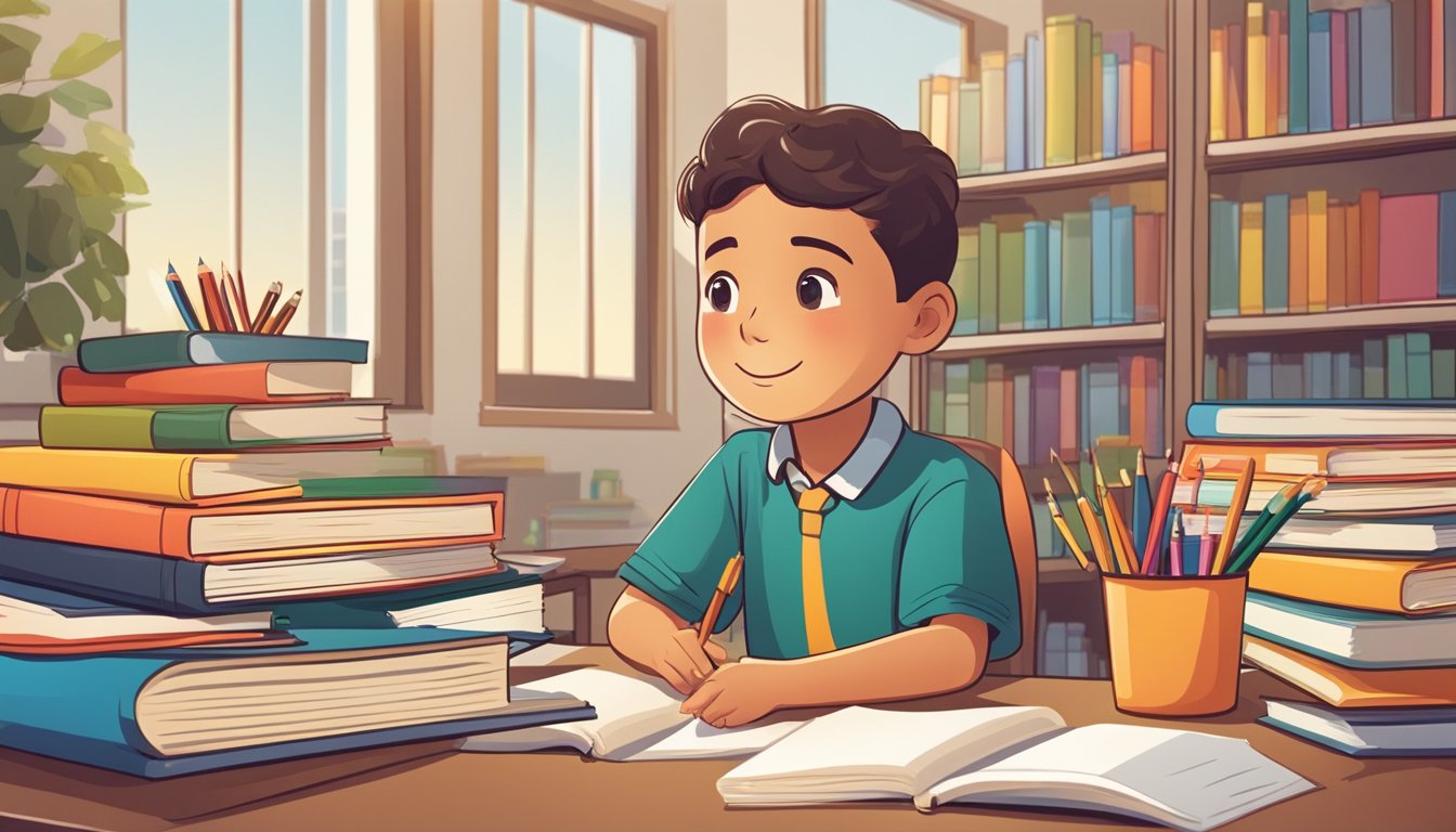 A primary school student sits at a desk, surrounded by books and school supplies. A tutor stands nearby, explaining a concept with visual aids