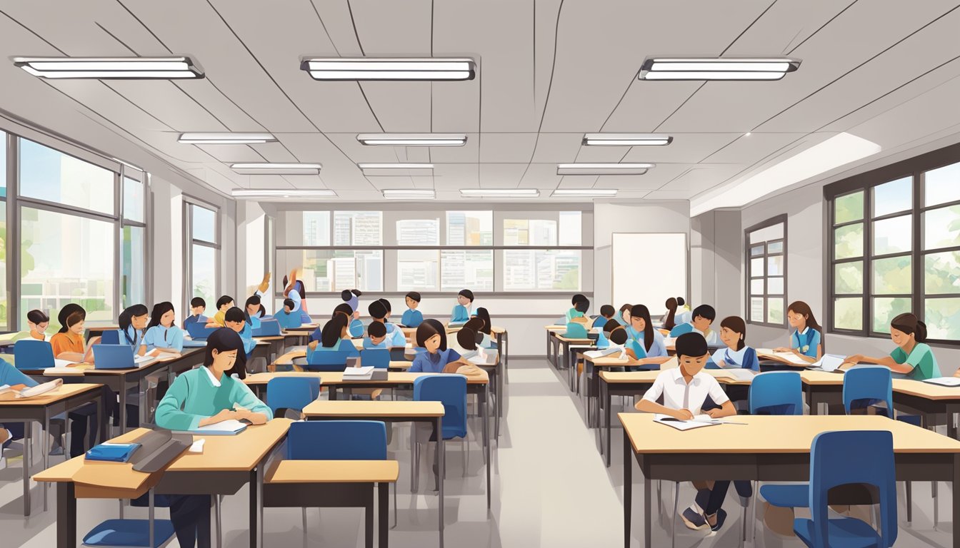 A bustling IGCSE tuition centre in Petaling Jaya with students studying and teachers guiding them in a modern, well-lit classroom