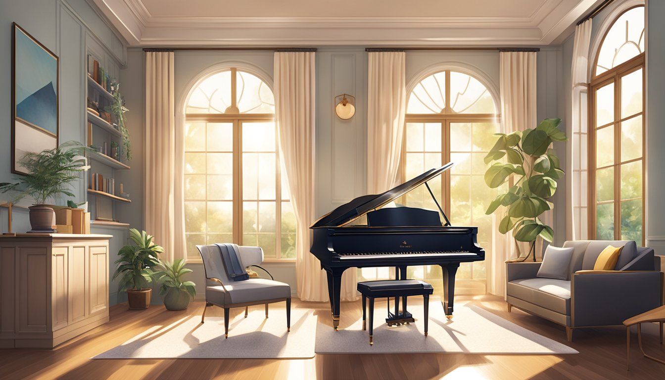 A bright, spacious room with a grand piano, music stands, and a comfortable seating area. Sunlight streams in through large windows, creating a warm and inviting atmosphere for piano tuition in Singapore