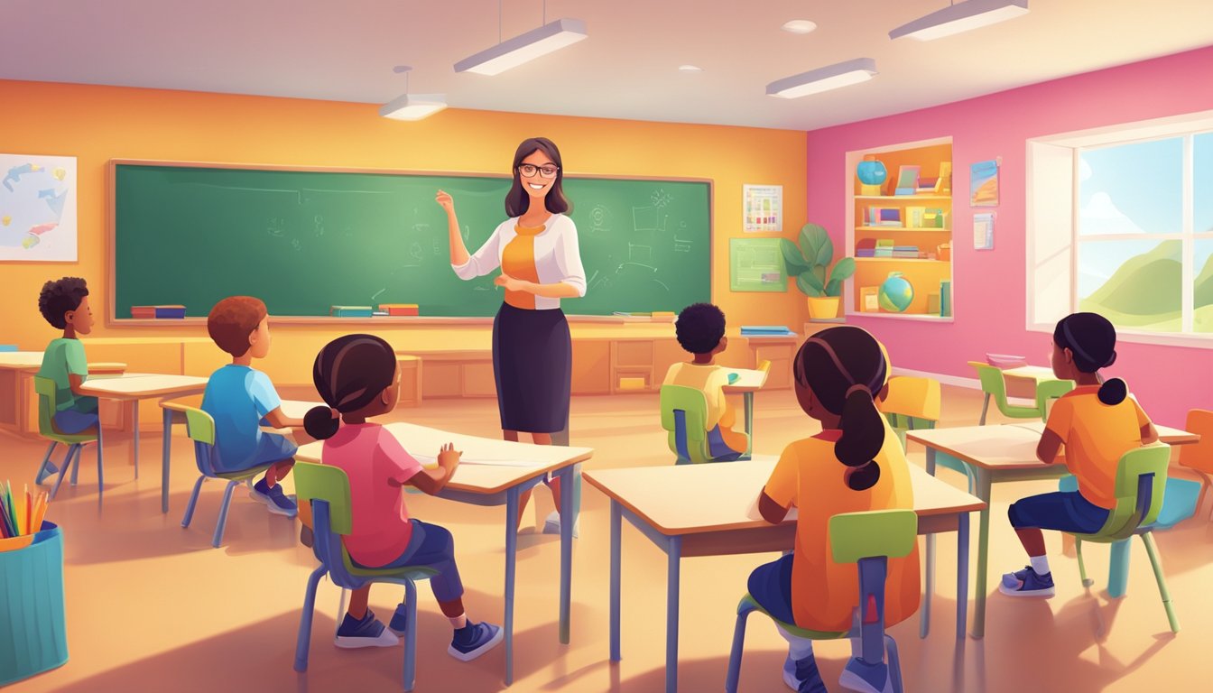A teacher leads a small group of young students through interactive learning activities in a bright and colorful classroom