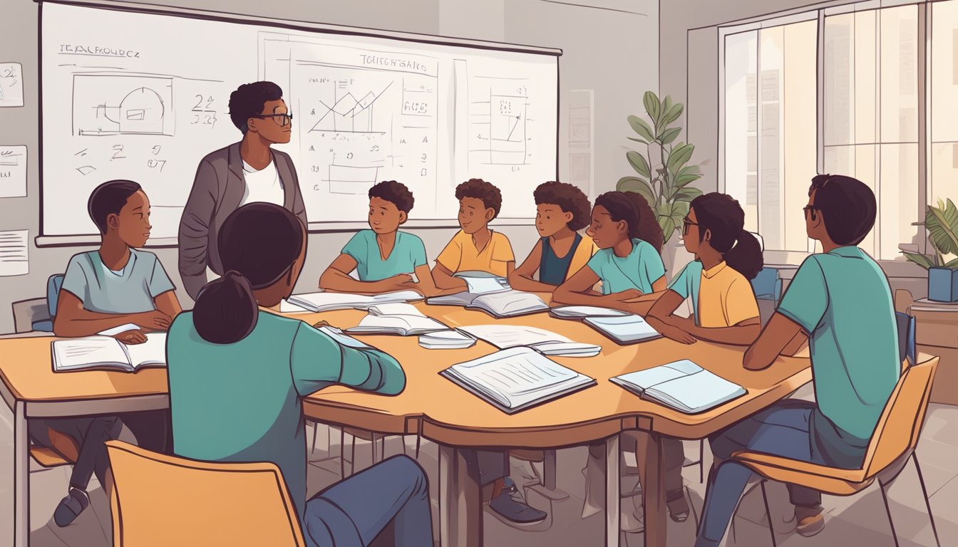 A group of students sit around a table, surrounded by textbooks and notebooks. A tutor stands at the front, explaining a math problem on a whiteboard