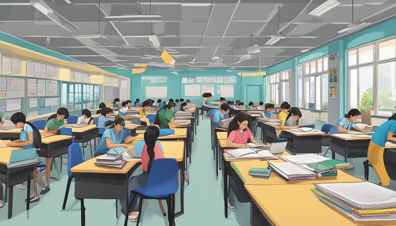 A bustling tuition center in Petaling Jaya, with students engaged in comprehensive IGCSE programmes. Textbooks and study materials are strewn across desks, while tutors move around offering guidance