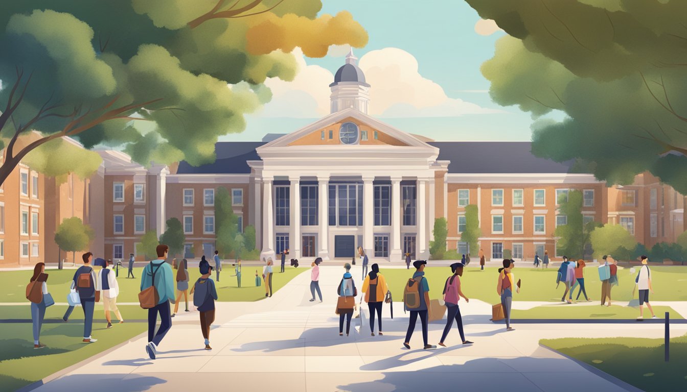 A university campus with a prominent "Frequently Asked Questions" sign and students walking by