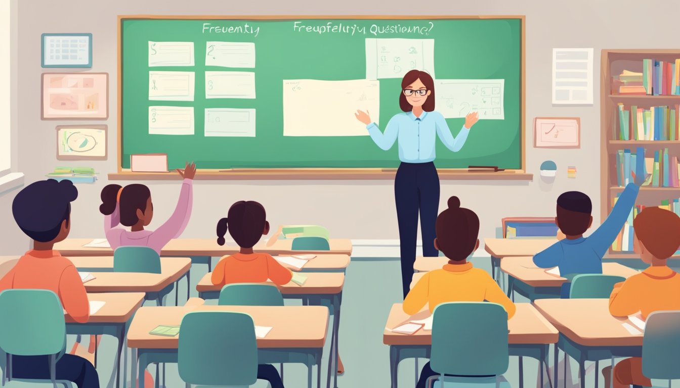 A classroom with young students raising hands, teacher at the front, and a board with "Frequently Asked Questions private tuition primary level" written on it